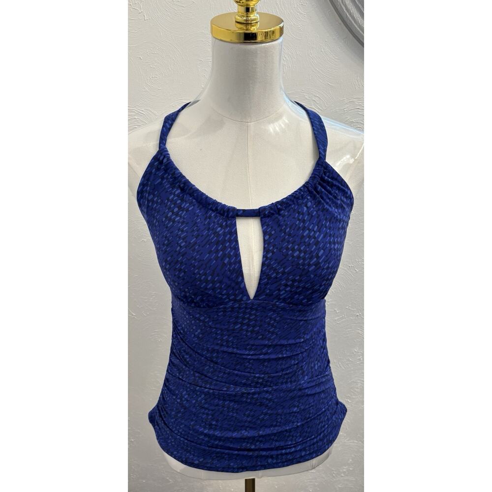 LL Bean Blue Patterned Halter Tankini Top Size 8 Beach Colorful Built In Bra